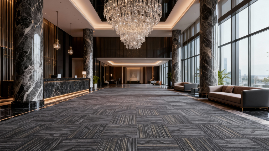 Meteor Shower Trail Pattern 50cm x 50cm Square Commercial Carpet Tile - Durable Nylon Pile, B1 Fireproof, PVC Backing, Stain Resistant