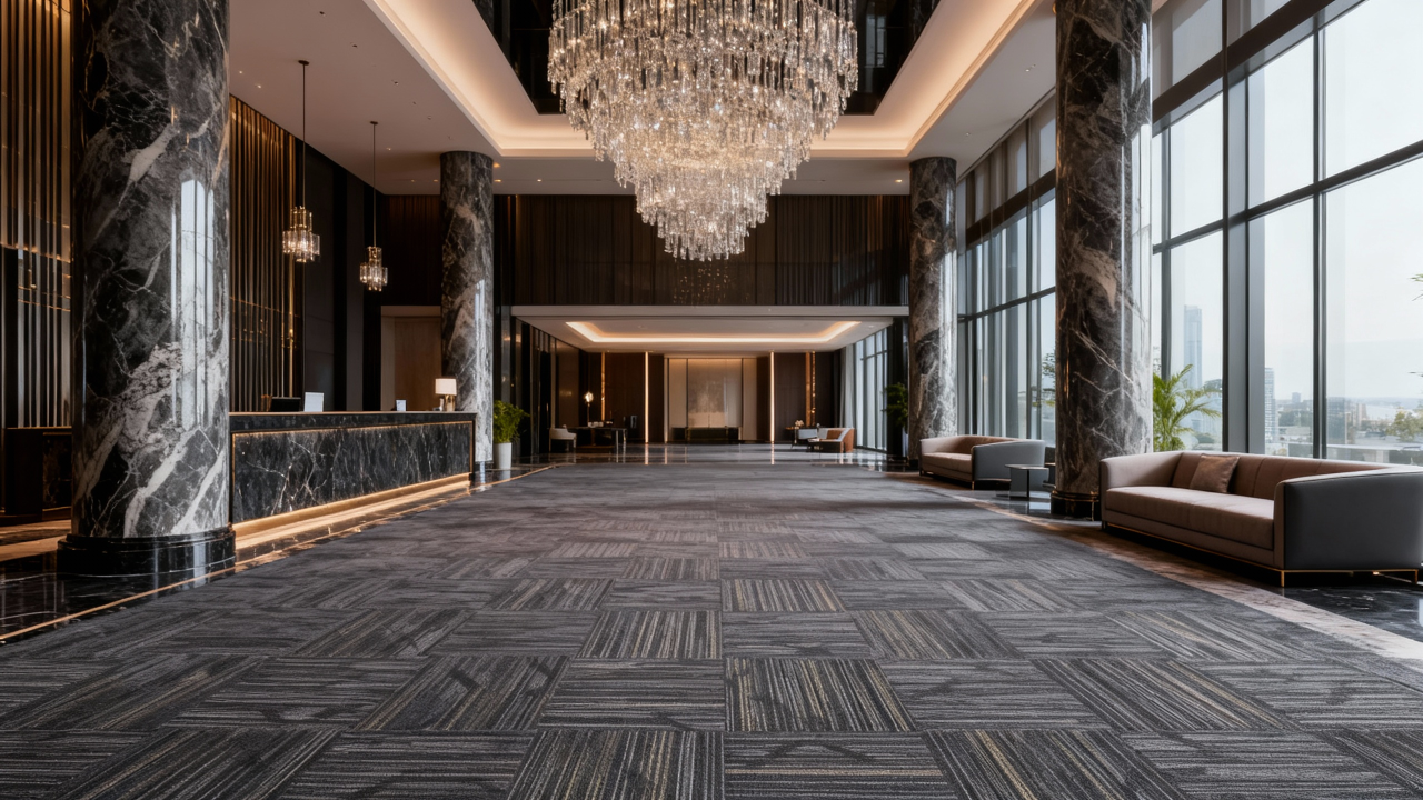 Meteor Shower Trail Pattern 50cm x 50cm Square Commercial Carpet Tile - Durable Nylon Pile, B1 Fireproof, PVC Backing, Stain Resistant