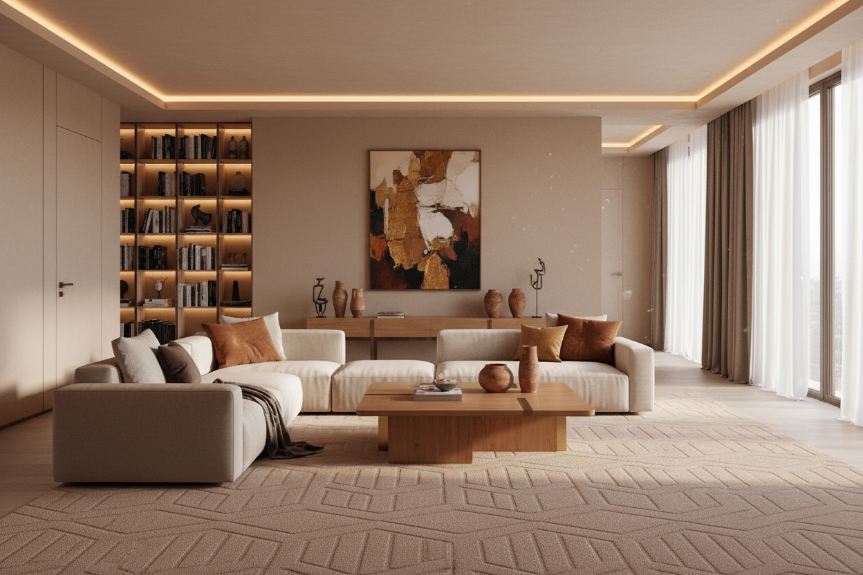 显示屋子里满铺的地毯，款式新颖，风格偏简单时尚，家里装修色调偏暖